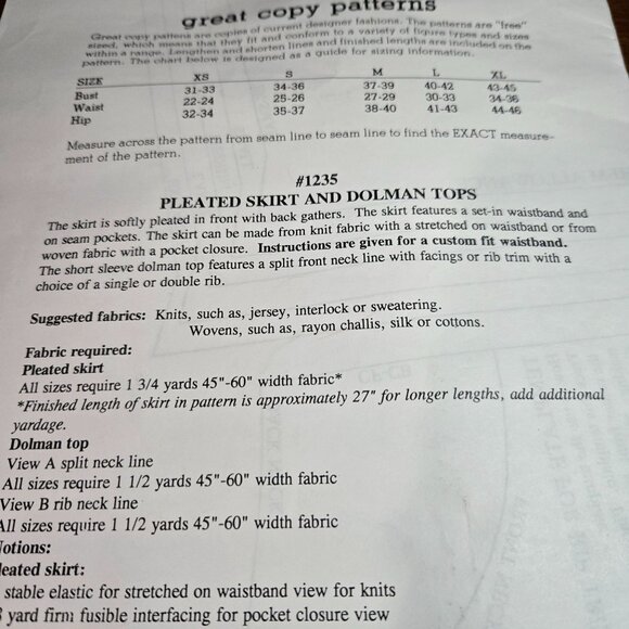 Great Copy Patterns 1235 sewing patterns Pleated Skirt, Dolman Tops UNCUT XS-XL - Picture 5 of 8